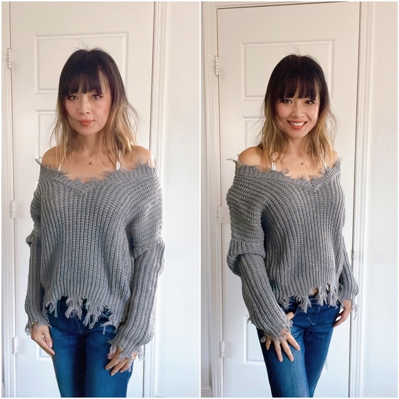 #41 Cozy V neck Distressed Frayed Oversized Sweater Top - Picture 6 of 9